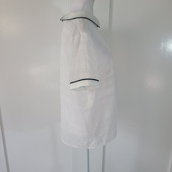 Modcloth Size L Logical & Lovely Collared Top White Black Piping Sheer Collared - Picture 4 of 11